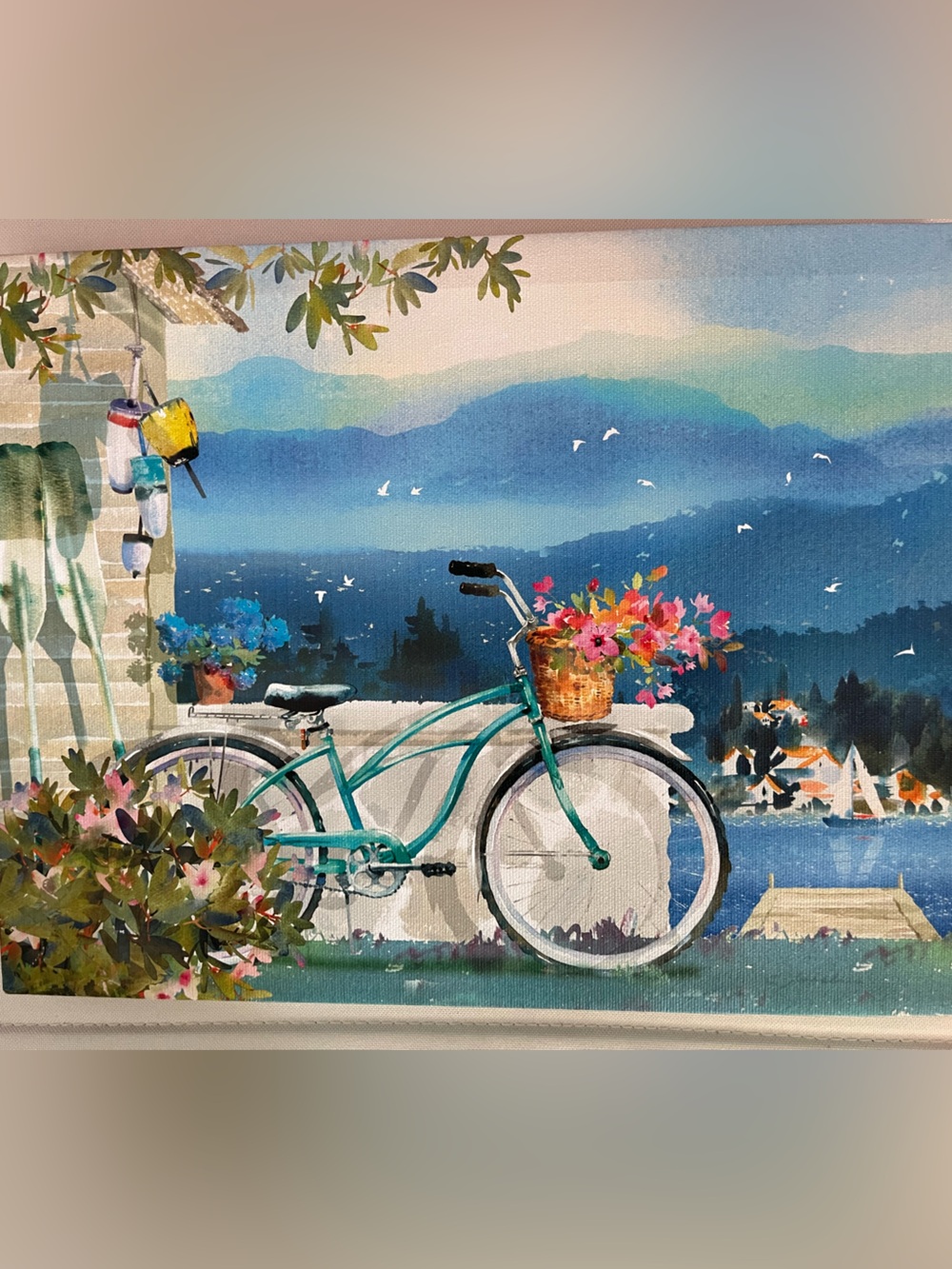 Hallmark Teal Bicycle Canvas Print with Pink Flowers